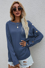 Button Detail Boat Neck Sweater-Tops-Boutique Top, Off Shoulder Top, Ship From Overseas, Top, Tops, Y.S.J.Y-Blue-S-[option4]-[option5]-[option6]-Womens-USA-Clothing-Boutique-Shop-Online-Clothes Minded