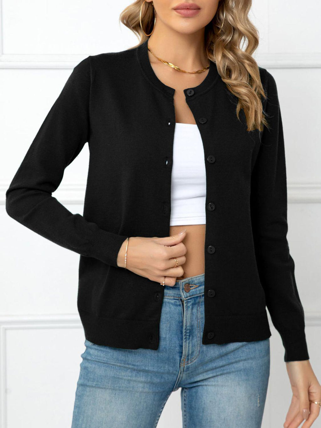 Button Down Round Neck Cardigan-Cardigans-Putica, Ship From Overseas, Shipping Delay 09/29/2023 - 10/04/2023-Black-S-[option4]-[option5]-[option6]-Womens-USA-Clothing-Boutique-Shop-Online-Clothes Minded