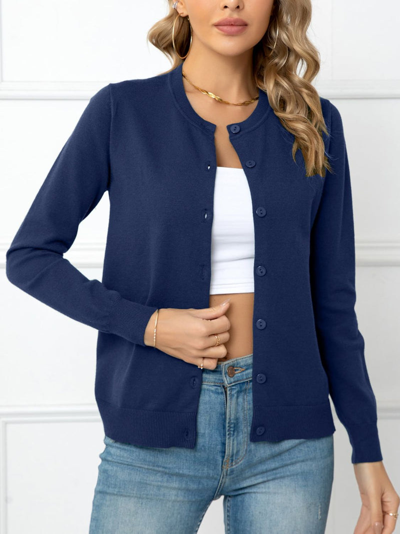 Button Down Round Neck Cardigan-Cardigans-Putica, Ship From Overseas, Shipping Delay 09/29/2023 - 10/04/2023-Navy-S-[option4]-[option5]-[option6]-Womens-USA-Clothing-Boutique-Shop-Online-Clothes Minded