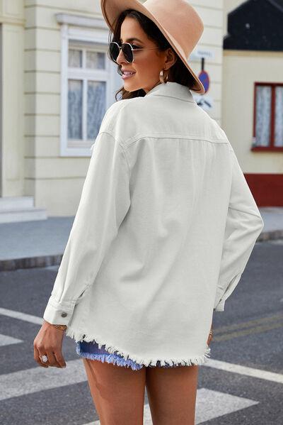Button Up Pocketed Raw Hem Denim Jacket-Ship From Overseas, SYNZ-White-S-[option4]-[option5]-[option6]-Womens-USA-Clothing-Boutique-Shop-Online-Clothes Minded