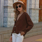 Button Up V-Neck Long Sleeve Cardigan-Romantichut, Ship From Overseas, Shipping delay February 2 - February 17-Chestnut-S-[option4]-[option5]-[option6]-Womens-USA-Clothing-Boutique-Shop-Online-Clothes Minded