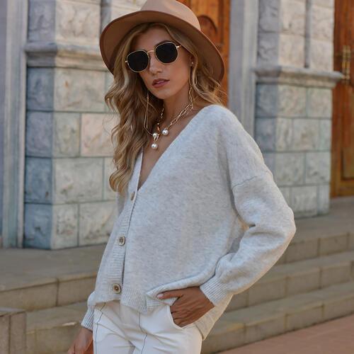 Button Up V-Neck Long Sleeve Cardigan-Romantichut, Ship From Overseas, Shipping delay February 2 - February 17-Light Gray-S-[option4]-[option5]-[option6]-Womens-USA-Clothing-Boutique-Shop-Online-Clothes Minded