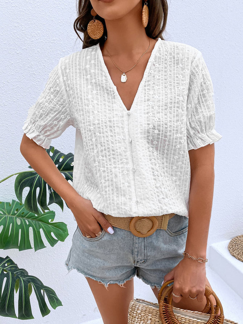 Buttoned V-Neck Flounce Sleeve Top-HS, Ship From Overseas-[option4]-[option5]-[option6]-Womens-USA-Clothing-Boutique-Shop-Online-Clothes Minded