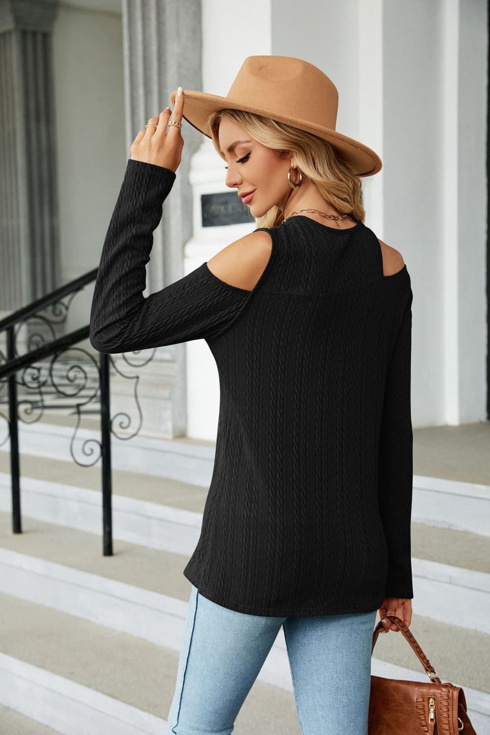 Cold Shoulder Long Sleeve Blouse-Tops-Ship From Overseas, Shipping Delay 09/29/2023 - 10/02/2023, X&D-Black-S-[option4]-[option5]-[option6]-Womens-USA-Clothing-Boutique-Shop-Online-Clothes Minded