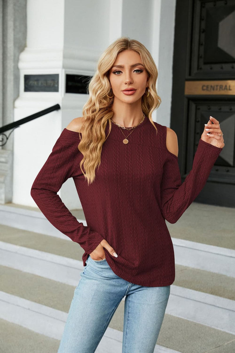 Cold Shoulder Long Sleeve Blouse-Tops-Ship From Overseas, Shipping Delay 09/29/2023 - 10/02/2023, X&D-Wine-S-[option4]-[option5]-[option6]-Womens-USA-Clothing-Boutique-Shop-Online-Clothes Minded