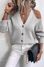 Cold Shoulder Plunge Neck Ribbed Cardigan-Cardigans-Drizzle, Ship From Overseas-Charcoal-S-[option4]-[option5]-[option6]-Womens-USA-Clothing-Boutique-Shop-Online-Clothes Minded