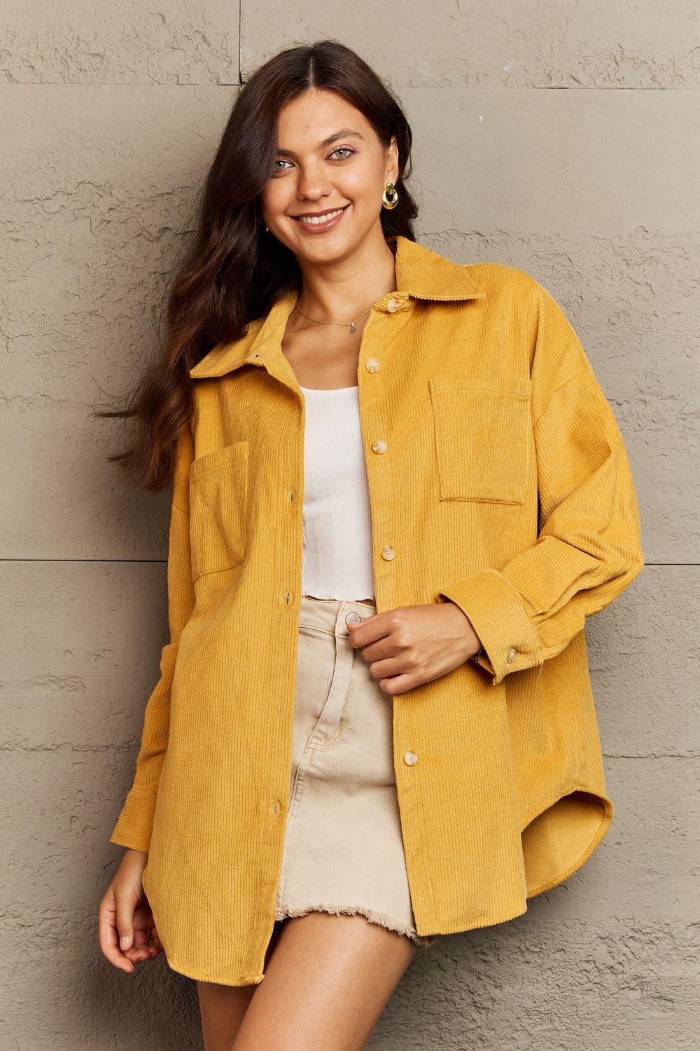 Collared Dropped Shoulder Button-Down Jacket-Jackets-Button Down Jacket, Fall Jacket, Jacket, Jackets & Blazers, Ninexis, Ship From Overseas, Shipping Delay 09/29/2023 - 10/02/2023-Mustard-S-[option4]-[option5]-[option6]-Womens-USA-Clothing-Boutique-Shop-Online-Clothes Minded