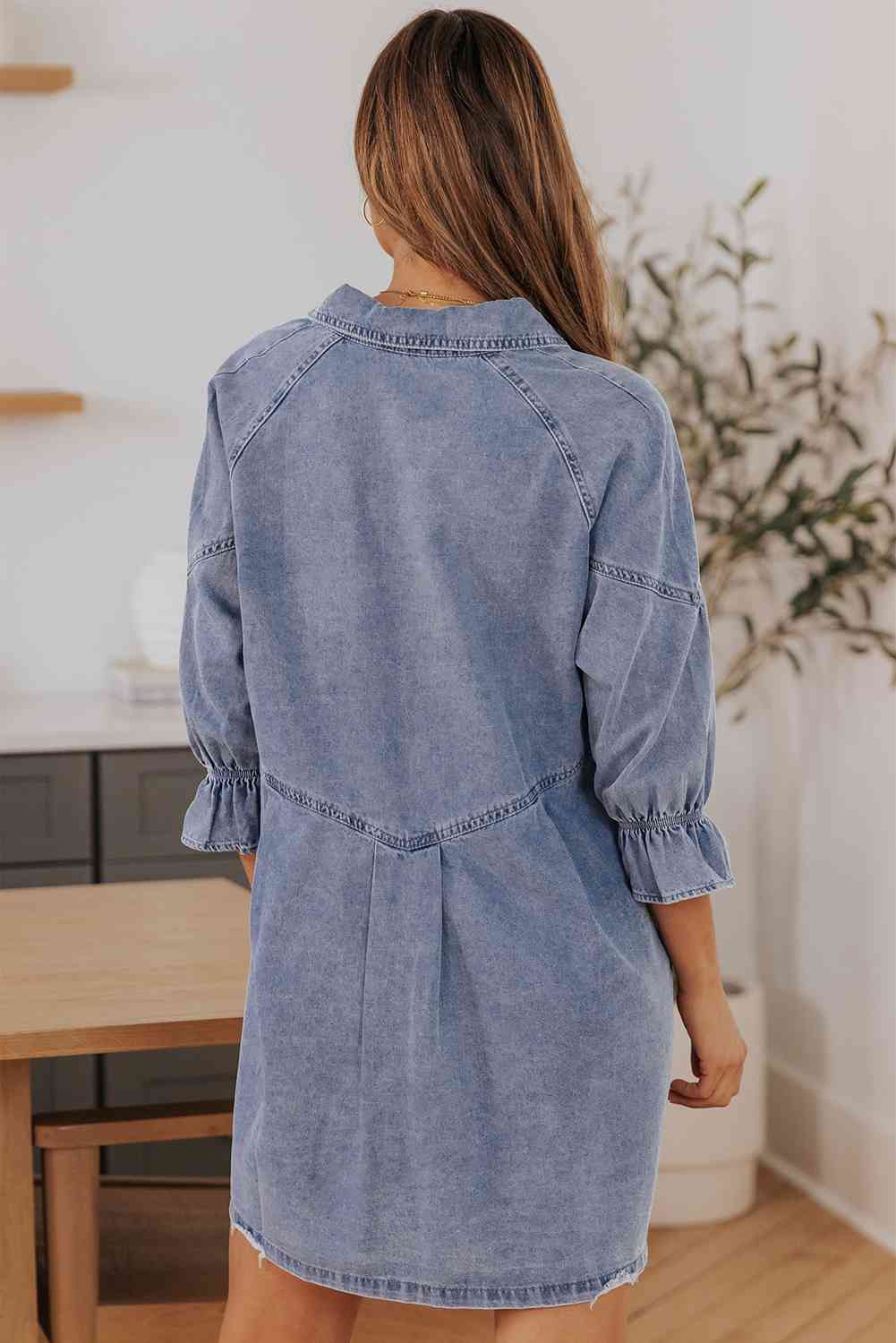 Collared Neck Flounce Sleeve Denim Mini Dress-Dress-Boutique Dress, Dress, Ship From Overseas, SYNZ-Medium-S-[option4]-[option5]-[option6]-Womens-USA-Clothing-Boutique-Shop-Online-Clothes Minded