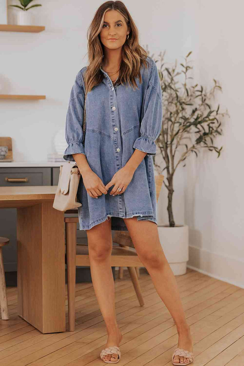 Collared Neck Flounce Sleeve Denim Mini Dress-Dress-Boutique Dress, Dress, Ship From Overseas, SYNZ-[option4]-[option5]-[option6]-Womens-USA-Clothing-Boutique-Shop-Online-Clothes Minded
