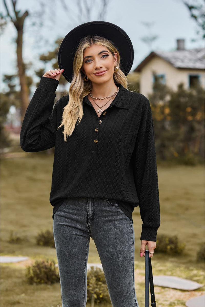 Collared Neck Long Sleeve Blouse-Tops-Black Top, Boutique Top, Long Sleeve Black Top, Long Sleeve Top, Ship From Overseas, Shipping Delay 09/29/2023 - 10/02/2023, Top, Tops, X&D-Black-S-[option4]-[option5]-[option6]-Womens-USA-Clothing-Boutique-Shop-Online-Clothes Minded