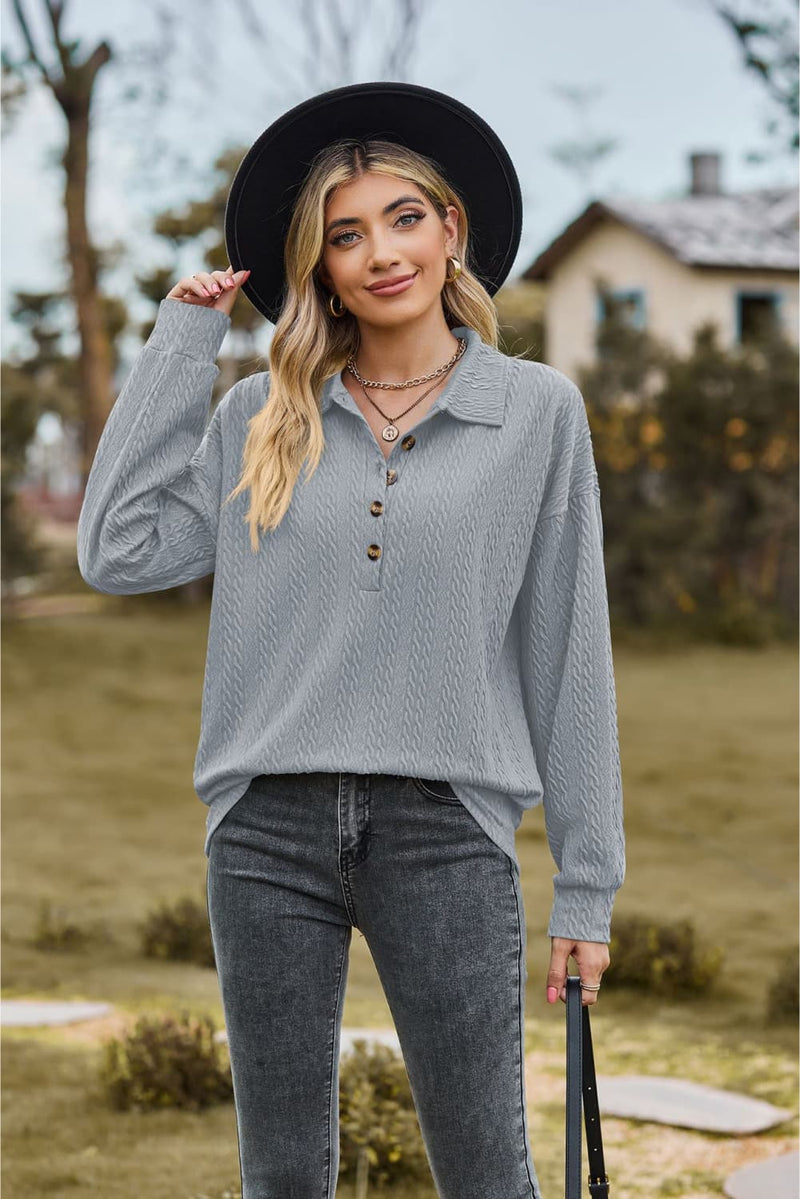 Collared Neck Long Sleeve Blouse-Tops-Black Top, Boutique Top, Long Sleeve Black Top, Long Sleeve Top, Ship From Overseas, Shipping Delay 09/29/2023 - 10/02/2023, Top, Tops, X&D-Misty Blue-S-[option4]-[option5]-[option6]-Womens-USA-Clothing-Boutique-Shop-Online-Clothes Minded