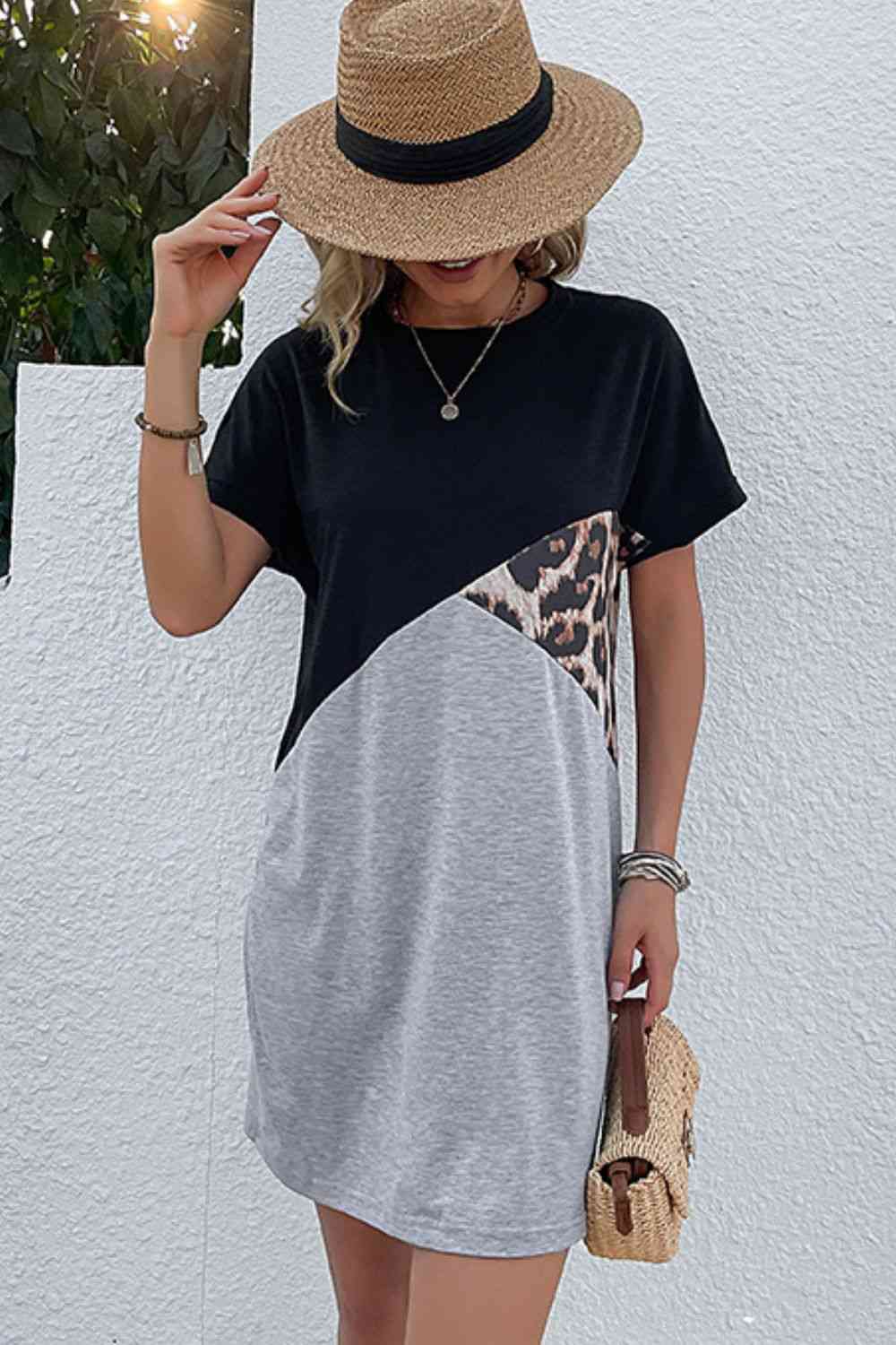 Color Block Leopard Tee Dress-Hundredth, Ship From Overseas-Black/Gray-S-[option4]-[option5]-[option6]-Womens-USA-Clothing-Boutique-Shop-Online-Clothes Minded