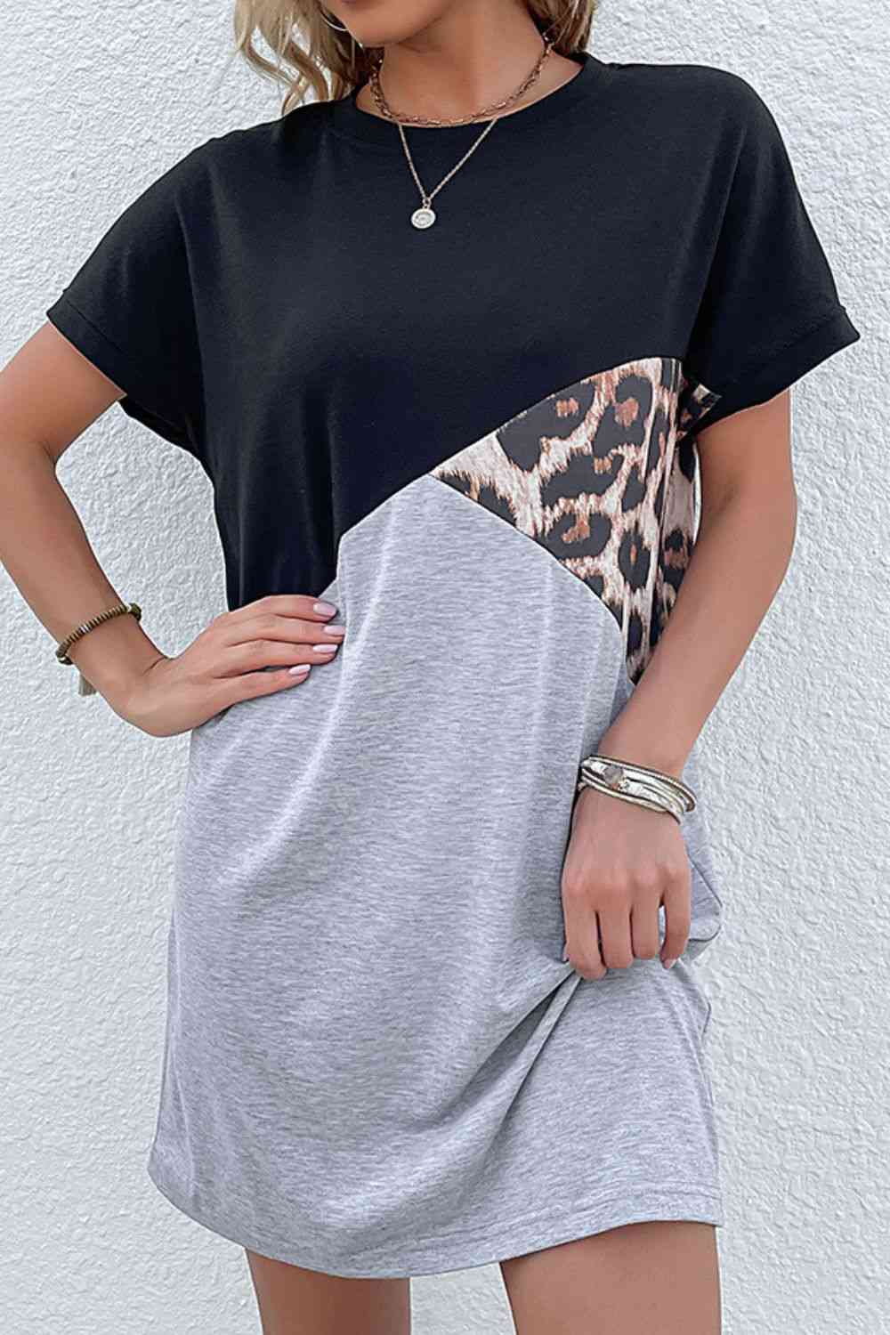 Color Block Leopard Tee Dress-Hundredth, Ship From Overseas-Black/Gray-S-[option4]-[option5]-[option6]-Womens-USA-Clothing-Boutique-Shop-Online-Clothes Minded