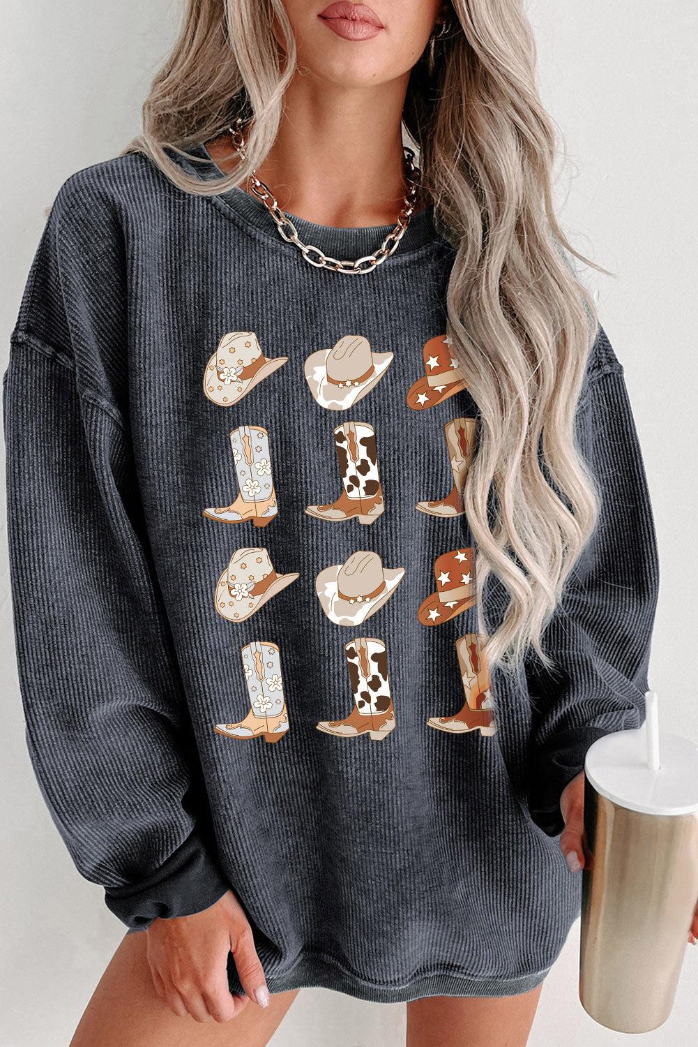 Cowboy Hat & Boot Graphic Sweatshirt-Sweatshirts-Novelty Sweatshirt, Ship From Overseas, Sweatshirt, SYNZ-Charcoal-S-[option4]-[option5]-[option6]-Womens-USA-Clothing-Boutique-Shop-Online-Clothes Minded