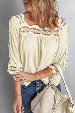 Crochet Openwork Three-Quarter Sleeve Blouse-Tops-Will be shipped collection-Beige-S-[option4]-[option5]-[option6]-Womens-USA-Clothing-Boutique-Shop-Online-Clothes Minded