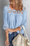 Crochet Openwork Three-Quarter Sleeve Blouse-Tops-Will be shipped collection-Pastel Blue-S-[option4]-[option5]-[option6]-Womens-USA-Clothing-Boutique-Shop-Online-Clothes Minded