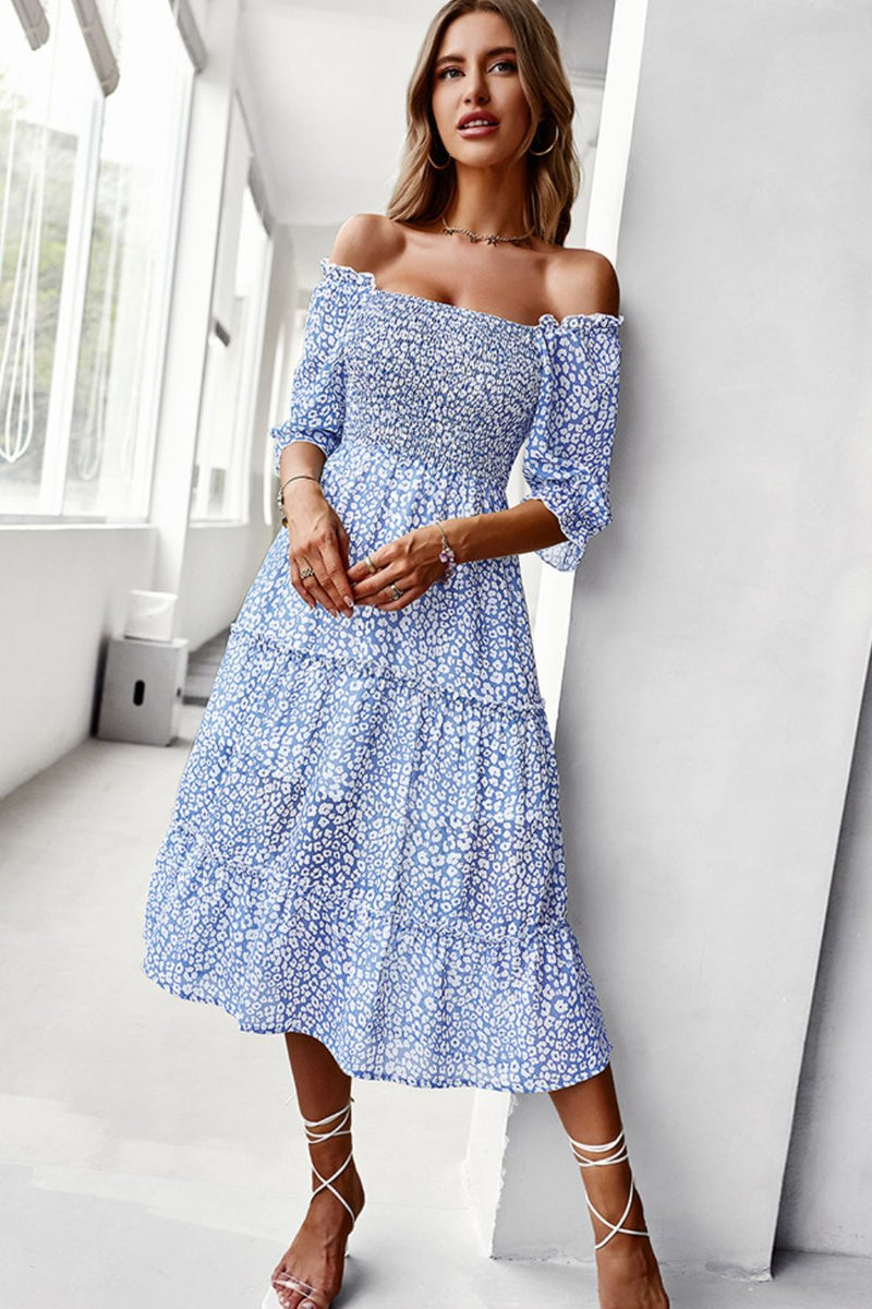 Ditsy Floral Off-Shoulder Smocked Midi Dress-Dresses--[option4]-[option5]-[option6]-Womens-USA-Clothing-Boutique-Shop-Online-Clothes Minded