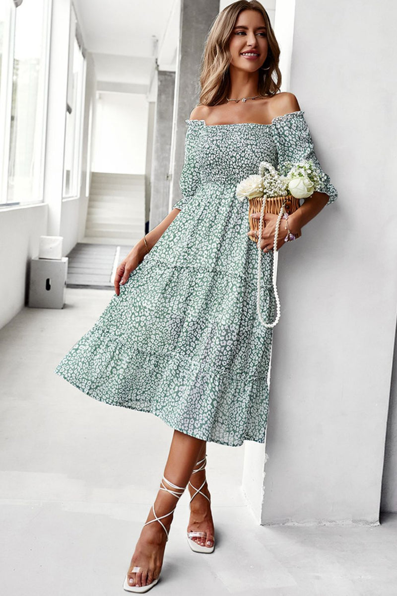 Ditsy Floral Off-Shoulder Smocked Midi Dress-Dresses-Forest-S-[option4]-[option5]-[option6]-Womens-USA-Clothing-Boutique-Shop-Online-Clothes Minded