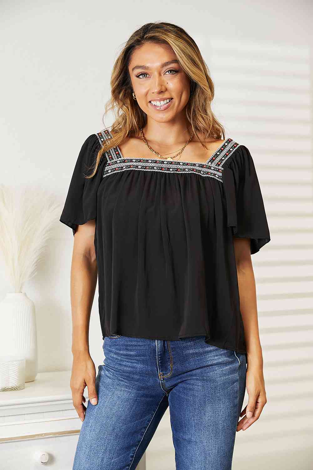 Double Take Contrast Square Neck Puff Sleeve Blouse-Double Take, Ship from USA-Black-S-[option4]-[option5]-[option6]-Womens-USA-Clothing-Boutique-Shop-Online-Clothes Minded