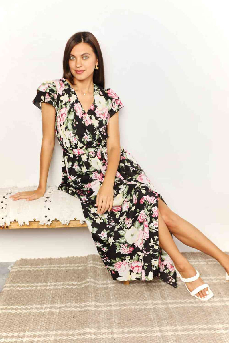Double Take Floral Flutter Sleeve Tie-Waist Split Dress-Double Take, Ship from USA-[option4]-[option5]-[option6]-Womens-USA-Clothing-Boutique-Shop-Online-Clothes Minded
