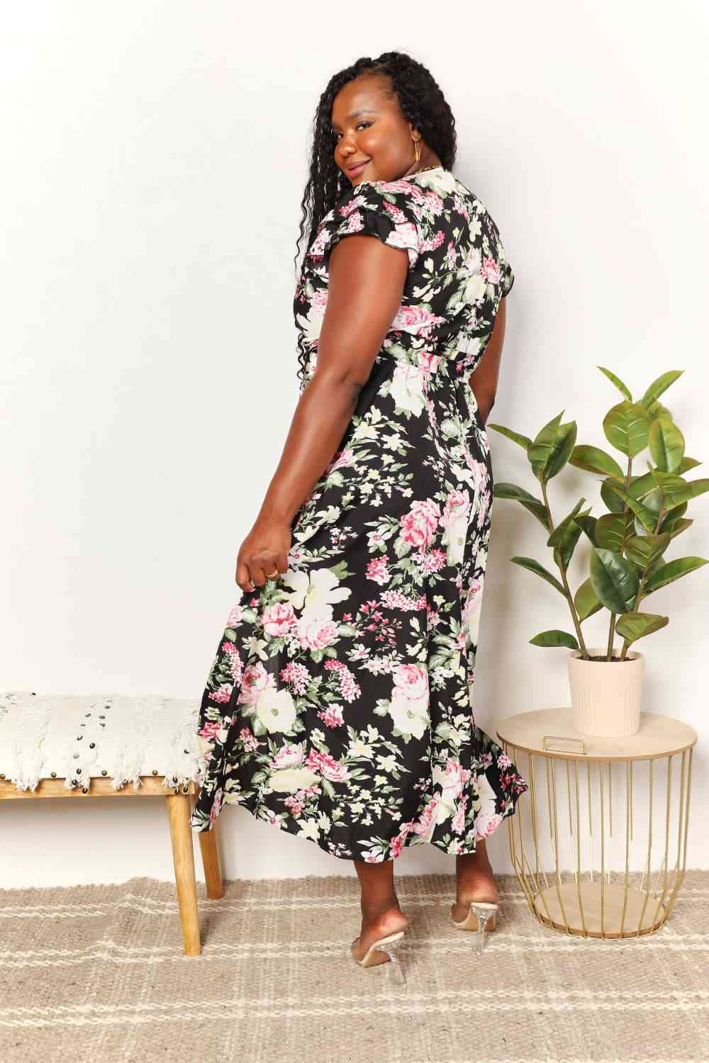 Double Take Floral Flutter Sleeve Tie-Waist Split Dress-Double Take, Ship from USA-Black-S-[option4]-[option5]-[option6]-Womens-USA-Clothing-Boutique-Shop-Online-Clothes Minded