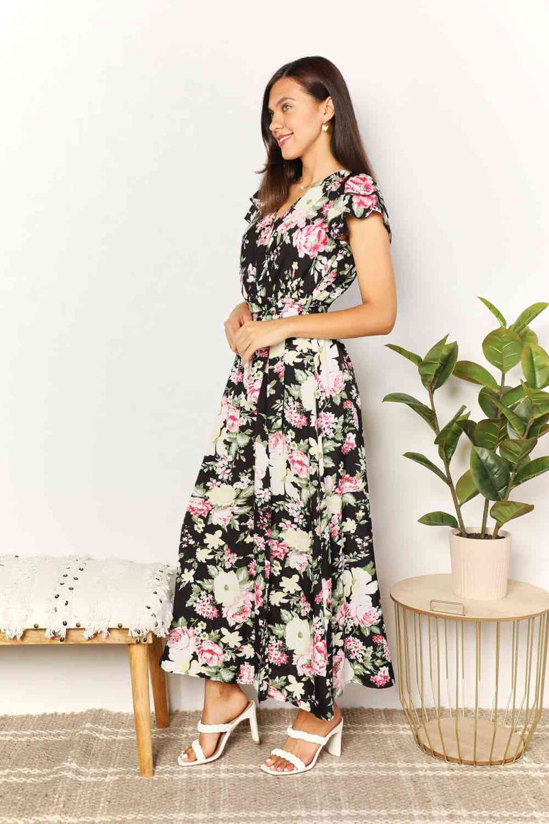 Double Take Floral Flutter Sleeve Tie-Waist Split Dress-Double Take, Ship from USA-[option4]-[option5]-[option6]-Womens-USA-Clothing-Boutique-Shop-Online-Clothes Minded