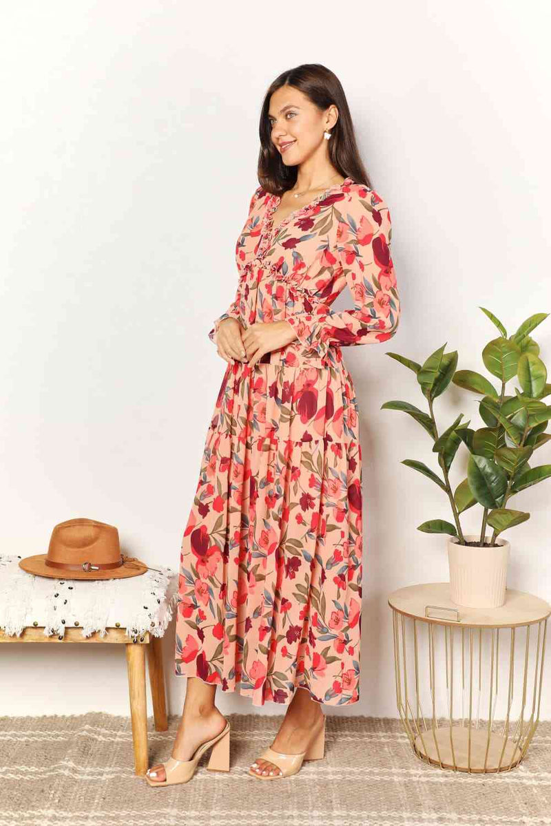 Double Take Floral Frill Trim Flounce Sleeve Plunge Maxi Dress-Double Take, Ship from USA-[option4]-[option5]-[option6]-Womens-USA-Clothing-Boutique-Shop-Online-Clothes Minded