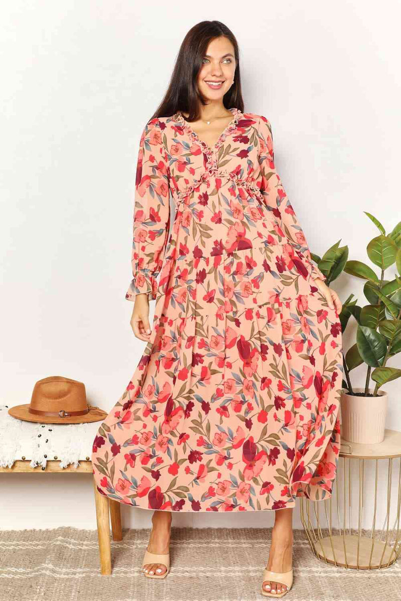 Double Take Floral Frill Trim Flounce Sleeve Plunge Maxi Dress-Double Take, Ship from USA-Floral-S-[option4]-[option5]-[option6]-Womens-USA-Clothing-Boutique-Shop-Online-Clothes Minded