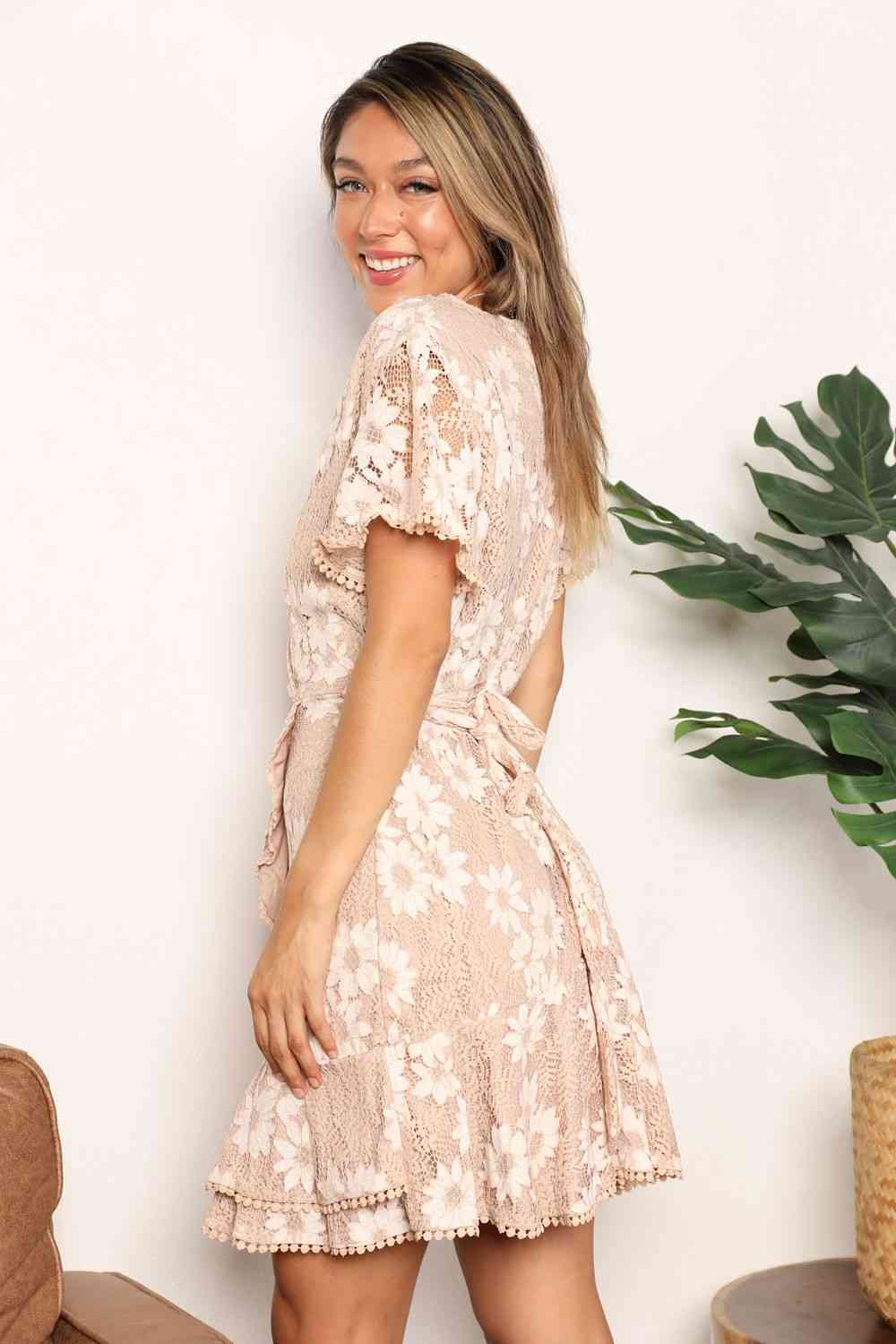 Double Take Floral Lace Pompom Detail Tie-Waist Flutter Sleeve Dress-Double Take, Ship from USA-Sand-S-[option4]-[option5]-[option6]-Womens-USA-Clothing-Boutique-Shop-Online-Clothes Minded