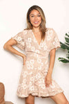 Double Take Floral Lace Pompom Detail Tie-Waist Flutter Sleeve Dress-Double Take, Ship from USA-Sand-S-[option4]-[option5]-[option6]-Womens-USA-Clothing-Boutique-Shop-Online-Clothes Minded
