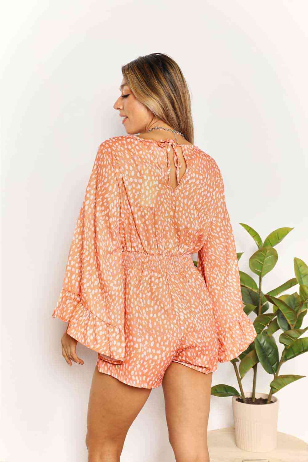Double Take Printed Flare Sleeve Surplice Romper-Double Take, Ship from USA-Sherbet-S-[option4]-[option5]-[option6]-Womens-USA-Clothing-Boutique-Shop-Online-Clothes Minded