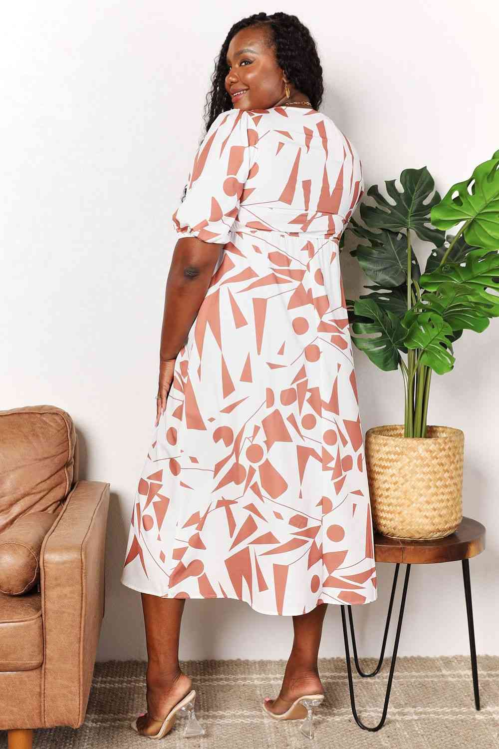 Double Take Printed Surplice Balloon Sleeve Dress-Double Take, Ship from USA-Camel-S-[option4]-[option5]-[option6]-Womens-USA-Clothing-Boutique-Shop-Online-Clothes Minded