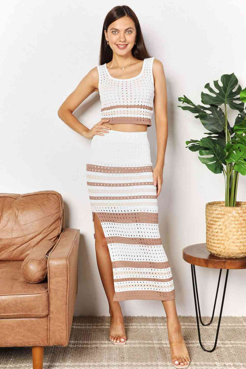 Double Take Striped Openwork Cropped Tank and Split Skirt Set-Double Take, Ship from USA-Taupe-S-[option4]-[option5]-[option6]-Womens-USA-Clothing-Boutique-Shop-Online-Clothes Minded
