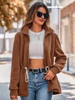 Drawstring Waist Zip-Up Fleece Jacket-Jackets-Fall Jacket, Jacket, Jackets & Blazers, S.N, Ship From Overseas-Chestnut-S-[option4]-[option5]-[option6]-Womens-USA-Clothing-Boutique-Shop-Online-Clothes Minded