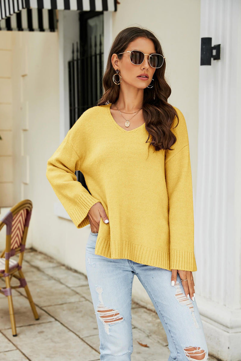Drop Shoulder V-Neck Knit Pullover-Shirts & Tops-lime-Banana Yellow-S-[option4]-[option5]-[option6]-Womens-USA-Clothing-Boutique-Shop-Online-Clothes Minded