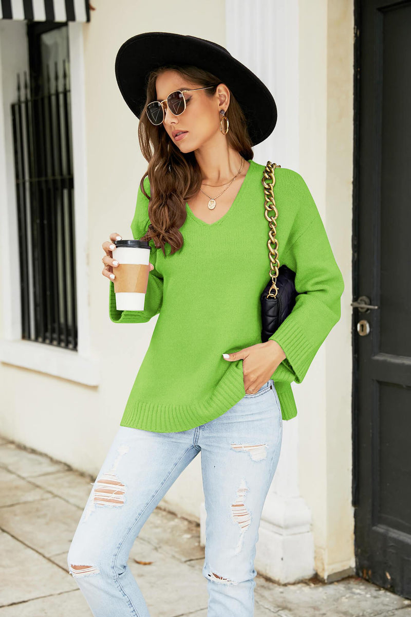 Drop Shoulder V-Neck Knit Pullover-Shirts & Tops-lime-Lime-S-[option4]-[option5]-[option6]-Womens-USA-Clothing-Boutique-Shop-Online-Clothes Minded