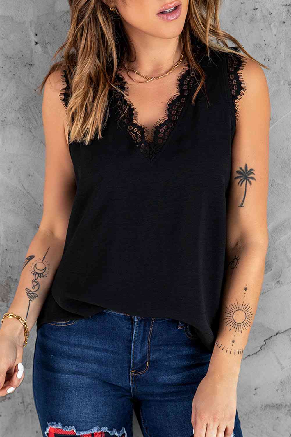 Eyelash Lace V-Neck Tank Top-Ship From Overseas, SYNZ-Black-S-[option4]-[option5]-[option6]-Womens-USA-Clothing-Boutique-Shop-Online-Clothes Minded
