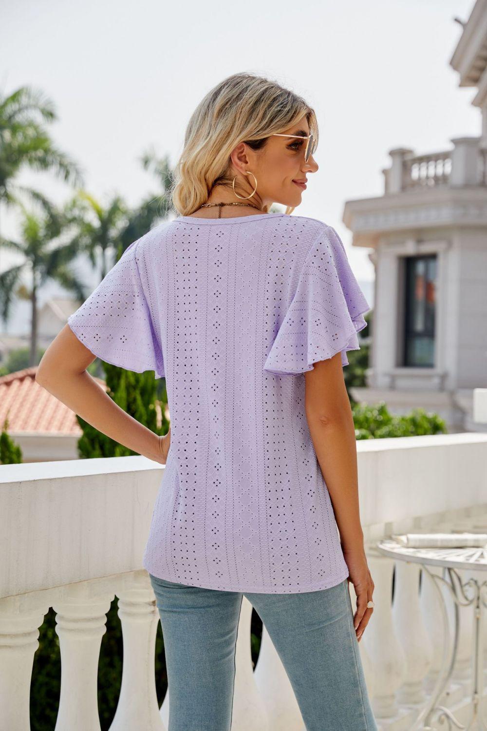 Eyelet Flutter Sleeve Round Neck Top-Tops-Boutique Top, Lamy, Ship From Overseas, Shipping Delay 09/29/2023 - 10/02/2023, Top, Tops-Lilac-S-[option4]-[option5]-[option6]-Womens-USA-Clothing-Boutique-Shop-Online-Clothes Minded