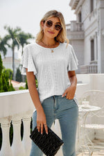 Eyelet Flutter Sleeve Round Neck Top-Tops-Boutique Top, Lamy, Ship From Overseas, Shipping Delay 09/29/2023 - 10/02/2023, Top, Tops-White-S-[option4]-[option5]-[option6]-Womens-USA-Clothing-Boutique-Shop-Online-Clothes Minded
