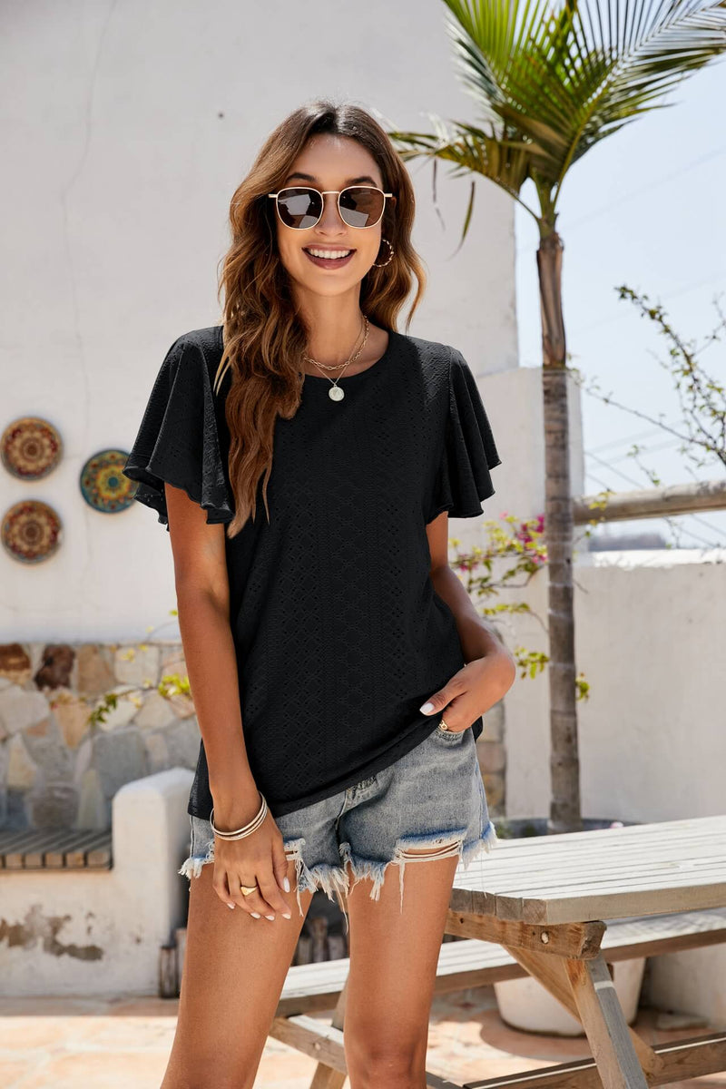 Eyelet Flutter Sleeve Short Sleeve Top-Tops-Boutique Top, Mandy, Ship From Overseas, Top, Tops-Black-S-[option4]-[option5]-[option6]-Womens-USA-Clothing-Boutique-Shop-Online-Clothes Minded