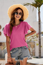 Eyelet Flutter Sleeve Short Sleeve Top-Tops-Boutique Top, Mandy, Ship From Overseas, Top, Tops-Deep Rose-S-[option4]-[option5]-[option6]-Womens-USA-Clothing-Boutique-Shop-Online-Clothes Minded