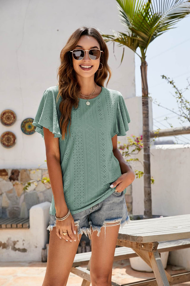 Eyelet Flutter Sleeve Short Sleeve Top-Tops-Boutique Top, Mandy, Ship From Overseas, Top, Tops-Sage-S-[option4]-[option5]-[option6]-Womens-USA-Clothing-Boutique-Shop-Online-Clothes Minded