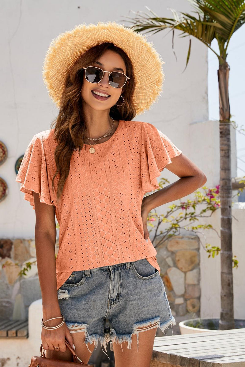 Eyelet Flutter Sleeve Short Sleeve Top-Tops-Boutique Top, Mandy, Ship From Overseas, Top, Tops-Sherbet-S-[option4]-[option5]-[option6]-Womens-USA-Clothing-Boutique-Shop-Online-Clothes Minded