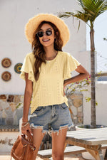 Eyelet Flutter Sleeve Short Sleeve Top-Tops-Boutique Top, Mandy, Ship From Overseas, Top, Tops-Yellow-L-[option4]-[option5]-[option6]-Womens-USA-Clothing-Boutique-Shop-Online-Clothes Minded