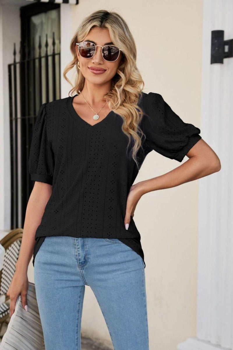 Eyelet Puff Sleeve V-Neck Top-Shirts & Tops-Lamy, Ship From Overseas, Shipping Delay 09/29/2023 - 10/02/2023, Tops-Black-S-[option4]-[option5]-[option6]-Womens-USA-Clothing-Boutique-Shop-Online-Clothes Minded