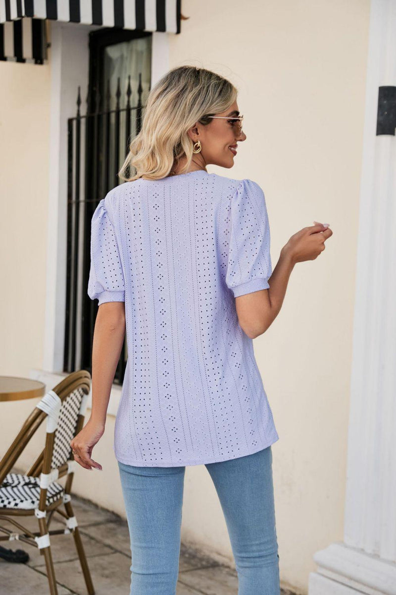 Eyelet Puff Sleeve V-Neck Top-Shirts & Tops-Lamy, Ship From Overseas, Shipping Delay 09/29/2023 - 10/02/2023, Tops-[option4]-[option5]-[option6]-Womens-USA-Clothing-Boutique-Shop-Online-Clothes Minded