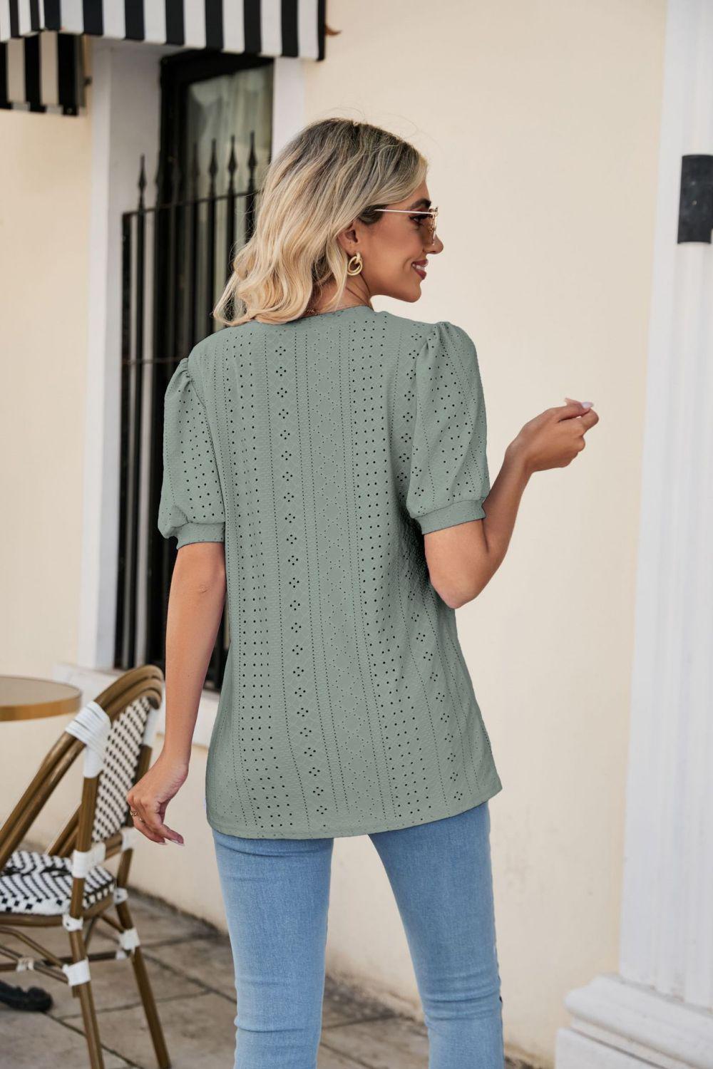 Eyelet Puff Sleeve V-Neck Top-Shirts & Tops-Lamy, Ship From Overseas, Shipping Delay 09/29/2023 - 10/02/2023, Tops-Sage-S-[option4]-[option5]-[option6]-Womens-USA-Clothing-Boutique-Shop-Online-Clothes Minded