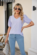 Eyelet Puff Sleeve V-Neck Top-Shirts & Tops-Lamy, Ship From Overseas, Shipping Delay 09/29/2023 - 10/02/2023, Tops-Lavender-S-[option4]-[option5]-[option6]-Womens-USA-Clothing-Boutique-Shop-Online-Clothes Minded