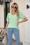 Eyelet Puff Sleeve V-Neck Top-Shirts & Tops-Lamy, Ship From Overseas, Shipping Delay 09/29/2023 - 10/02/2023, Tops-Light Green-S-[option4]-[option5]-[option6]-Womens-USA-Clothing-Boutique-Shop-Online-Clothes Minded