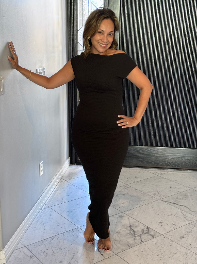 Textured Asymmetrical Black Maxi Dress